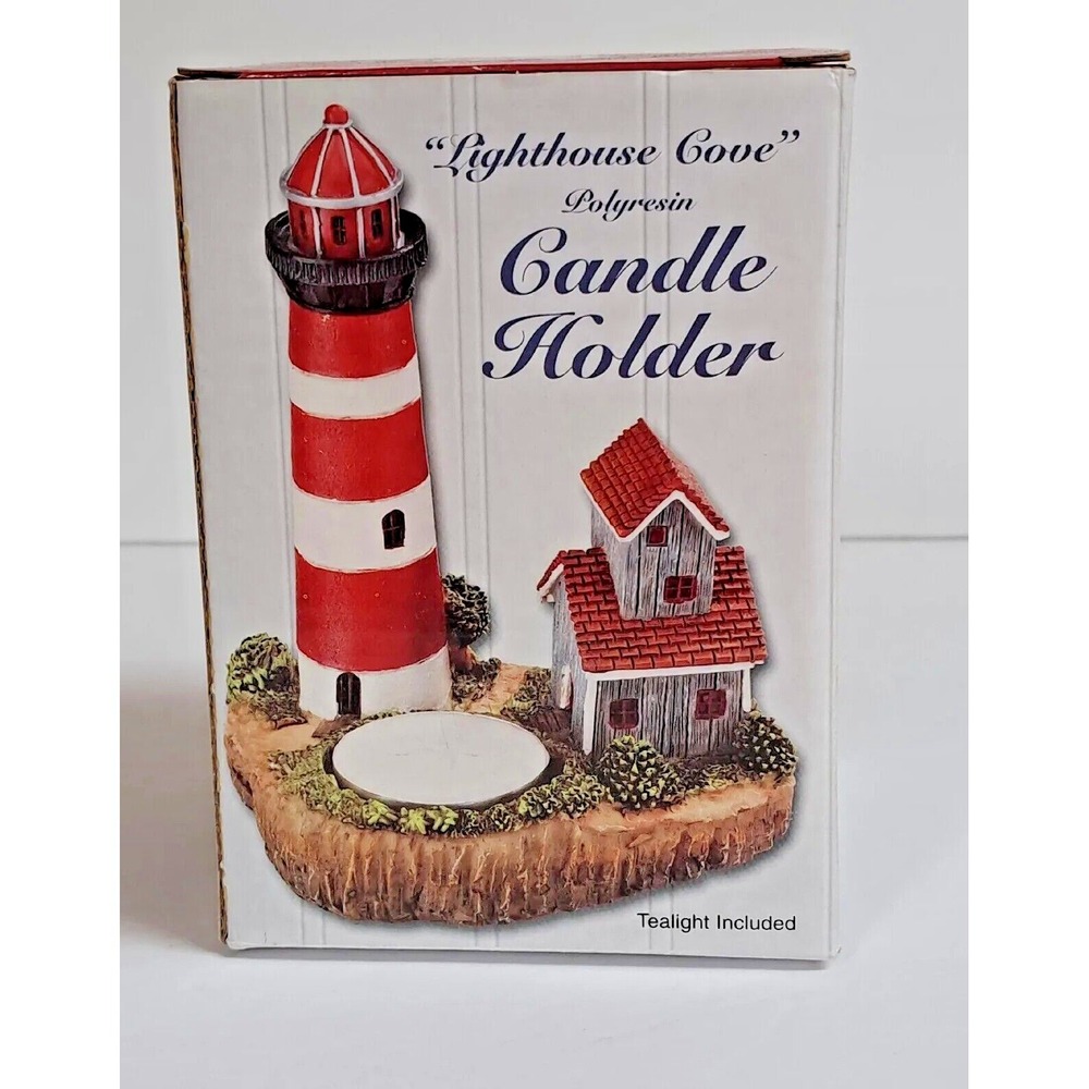Giftco Lighthouse Cove‎ Polyresin Candle Holder Red White Coastal Decor Tealight